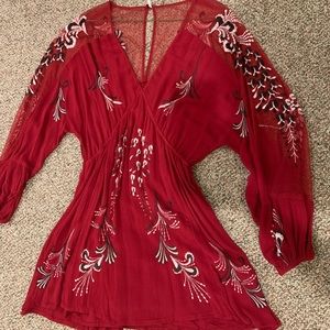 Free people red embroidery low V dress